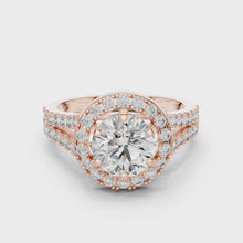Lab Grown Round Cut Halo Diamond Ring with Split Shank Pave Band in Yellow Gold