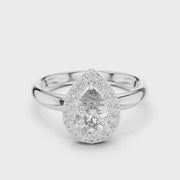 Lab Grown Pear Cut Halo Diamond Ring with Plain Band in Yellow Gold