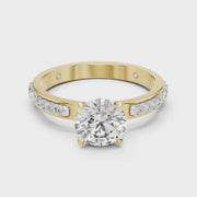 Lab Grown Round Diamond Ring with Two-Tone Station-Set Diamond Band in Yellow Gold