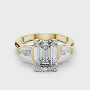 Lab Grown Emerald Cut Three Stone Diamond Ring with Tapered Baguette Sides in Yellow Gold