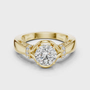 Lab Grown Round Diamond Ring with Woven Band & Diamond Accents in Yellow Gold