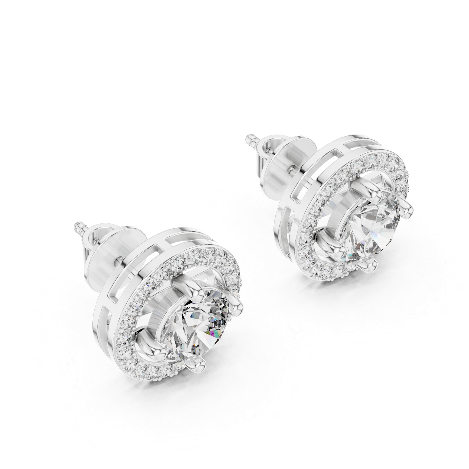 Round Halo Diamond Stud Earrings White Gold Side