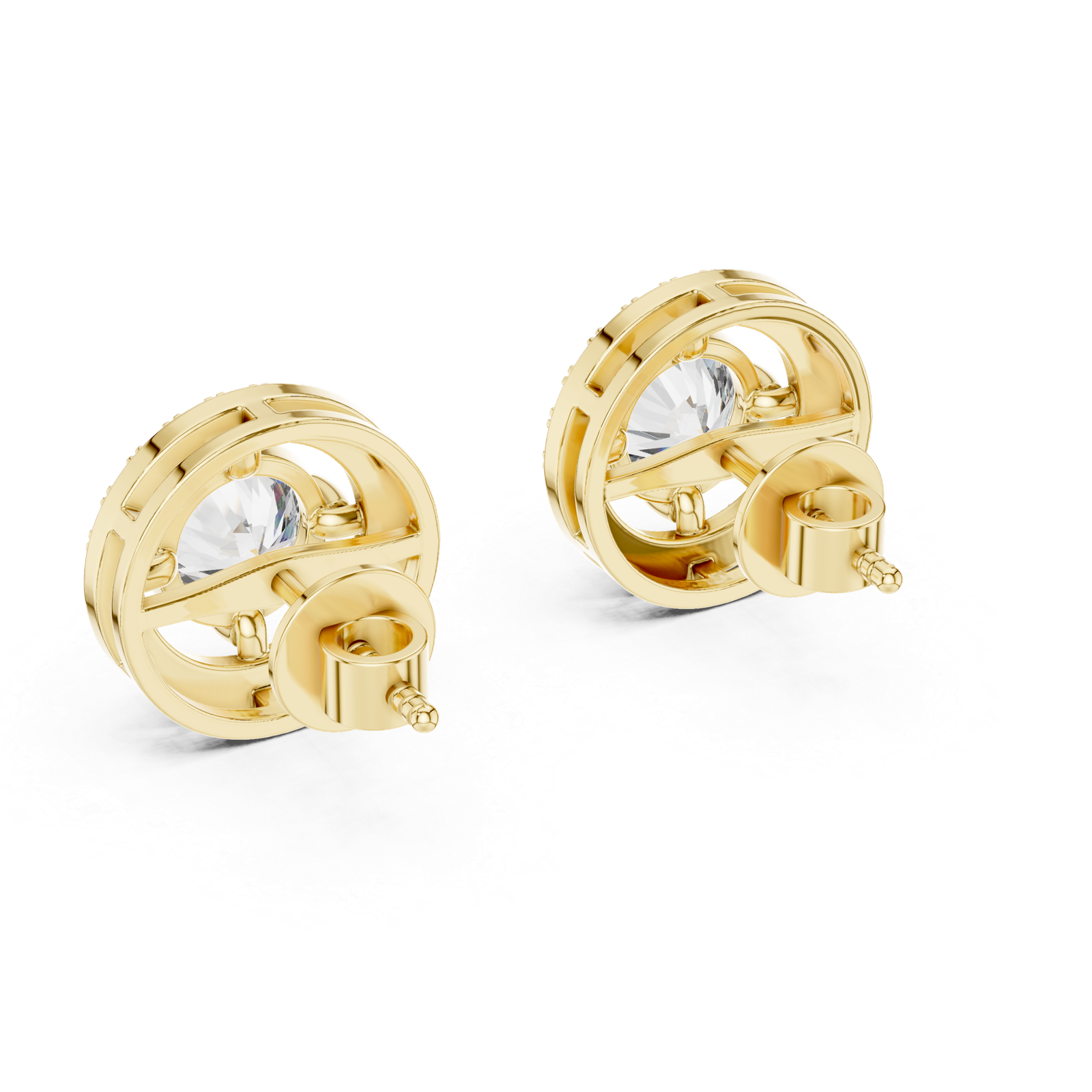 Round Halo Diamond Stud Earrings Yellow Gold Back