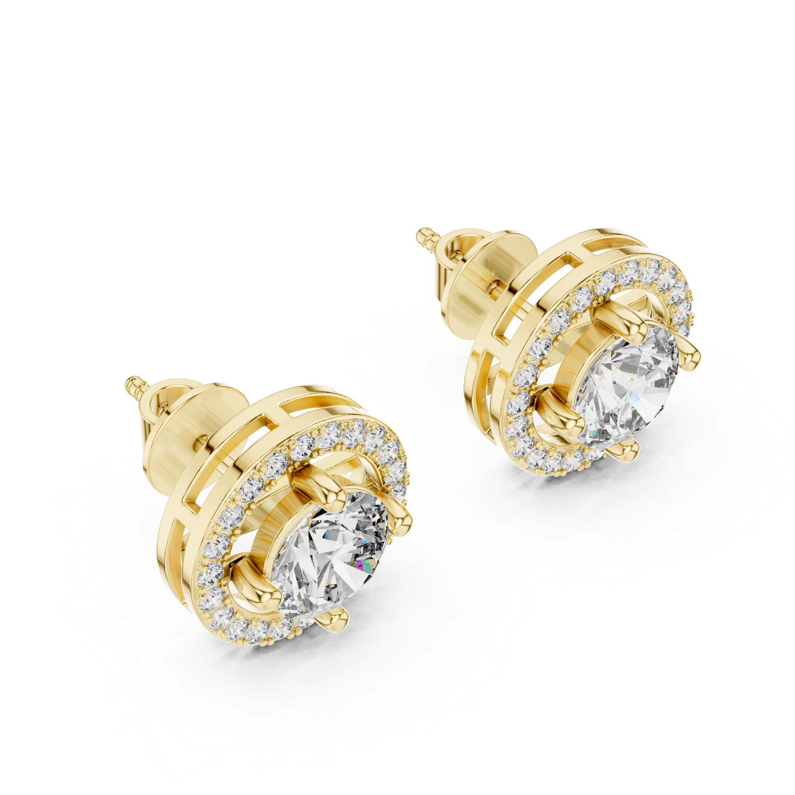 Round Halo Diamond Stud Earrings Yellow Gold Side