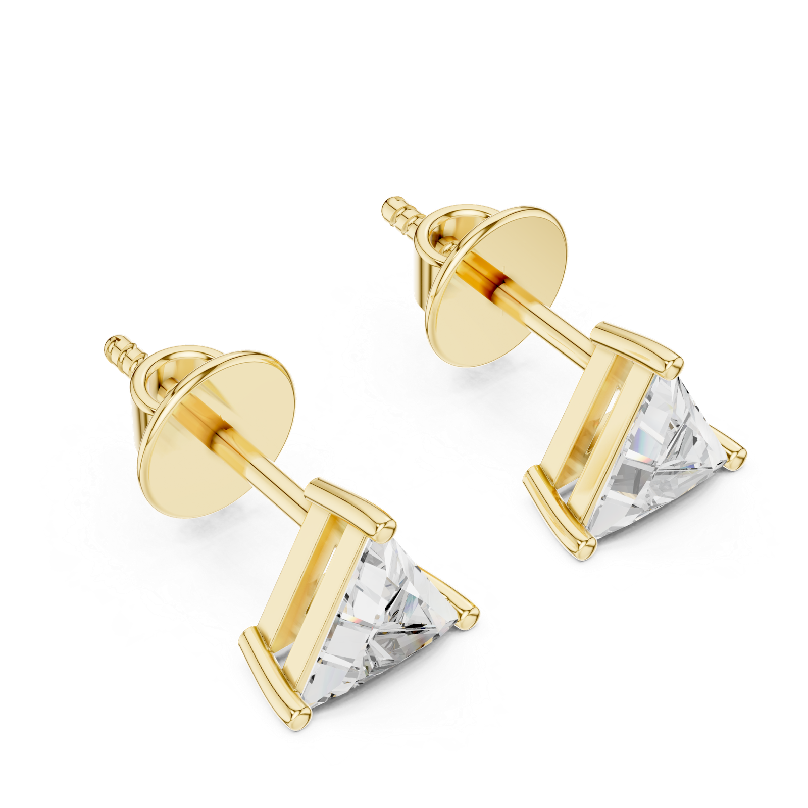 Trillion Cut Diamond Stud Earrings Yellow Gold Side
