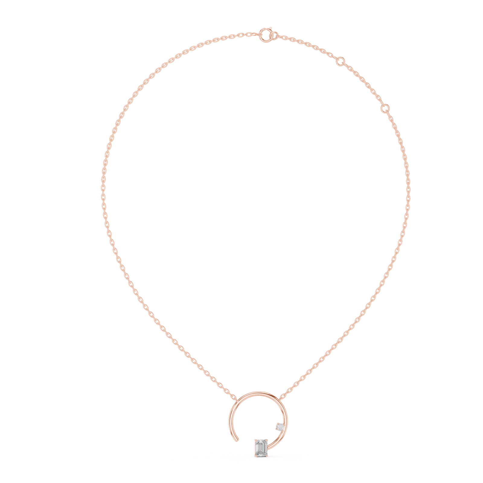 Emerald and Round Diamond Open Circle Necklace in Rose Gold Full Side