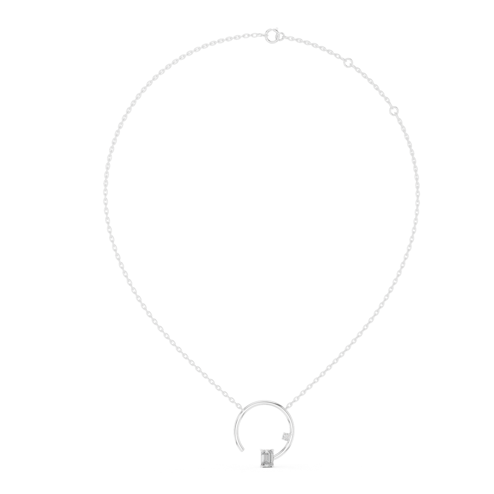 Emerald and Round Diamond Open Circle Necklace in White Gold Full Side
