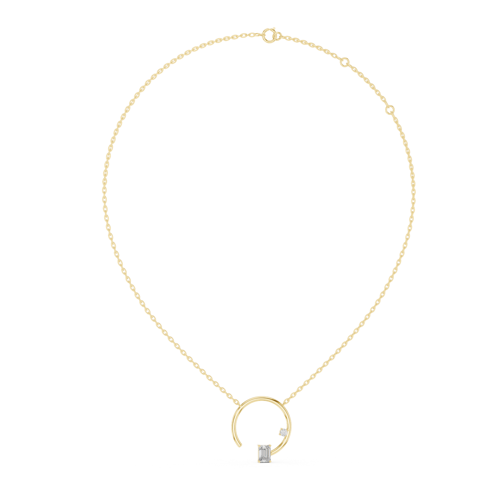 Emerald and Round Diamond Open Circle Necklace in Yellow Gold Full Side